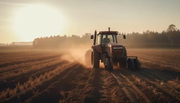 A tractor ploughing a field at sunset